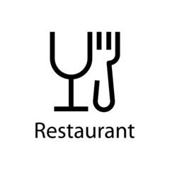 Banner con texto Restaurant con silueta de copa de vino y tenedor con líneas en color negro