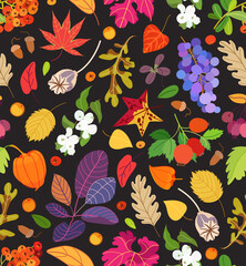 Fototapeta na wymiar Autumn vector seamless pattern with floral elements: berries, colorful leaves, branches, grape, physalis and acorns. Hand drawing natural texture. Forest vintage background. Leaf fall.
