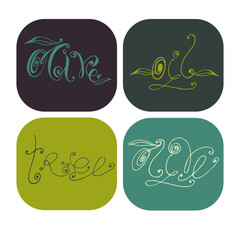 Set with four words on colored backgrounds olive, tree, oil. Unique handwritten lettering. Illustration is good for logo, sticker, printing on fabric, signboard,advertising.