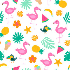 Naklejka premium Colorful tropical summer seamless pattern with flamingo, toucan, leaf, tropical fruit and hibiscus.