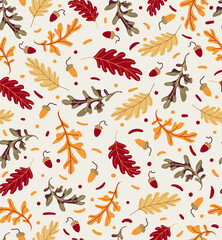 Autumn seamless pattern with orange, red, green oak leaves and acorn. Vector autumn background. Fall decorate.