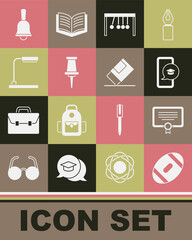 Set American Football ball, Certificate template, Graduation cap on mobile, Pendulum, Push pin, Table lamp, Ringing bell and Eraser or rubber icon. Vector