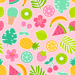 Tropical summer seamless pattern with hibiscus, tropical fruits, ice cream and botanical leaf.