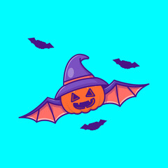 Fototapeta premium Cute Pumpkin Bat with hat witch happy halloween cartoon illustrations