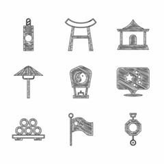 Fototapeta premium Set Chinese paper lantern, China flag on flagpole, Sushi cutting board, Japanese umbrella from the sun, house and Firework icon. Vector