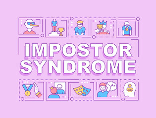 Impostor syndrome word concepts banner. Psychological pattern. Infographics with linear icons on purple background. Isolated creative typography. Vector outline color illustration with text
