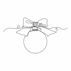 Vector continuous one single line drawing icon of christmas ball with ribbon bow in silhouette on a white background. Linear stylized.