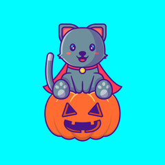 Cute black cat with pumpkin happy halloween cartoon illustrations