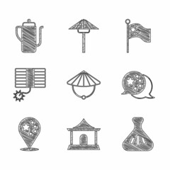 Fototapeta premium Set Chinese conical straw hat, house, Dumpling, China flag, Firework, flagpole and tea ceremony icon. Vector