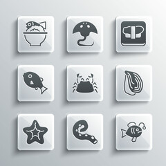 Set Octopus of tentacle, Tropical fish, Mussel, Crab, Starfish, Served on bowl and Sushi cutting board icon. Vector