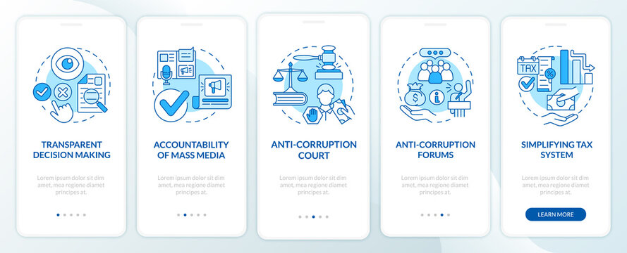 Fighting corruption onboarding blue mobile app page screen. Accountability and trust walkthrough 5 steps graphic instructions with concepts. UI, UX, GUI vector template with linear color illustrations
