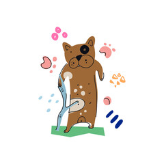 Charming cartoon dog character standing with the branch; doodle elements isolated on white background. 
Cute hand drawn vector illustration. Childish t shirt print design.