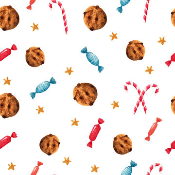 Chocolate chip cookies and sweets. Watercolor. Christmas pattern on white background