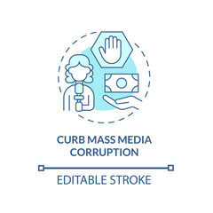 Stop mass media corruption concept icon. Fake news abstract idea thin line illustration. Bribery and lying propaganda on TV. Corrupted newspaper. Vector isolated outline color drawing. Editable stroke