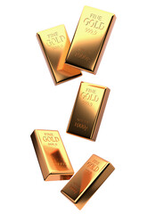 falling golden bars isolated on a white background, 3D rendering
