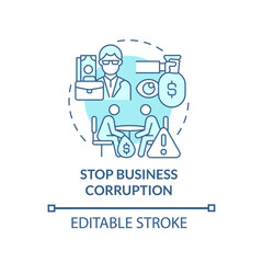 Stop business corruption blue concept icon. Corrupted business abstract idea thin line illustration. Company accused of illegal behaviour. Vector isolated outline color drawing. Editable stroke