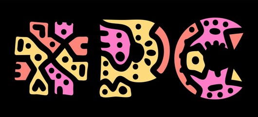 PC Hashtag. Doodle isolate text. Colored curves decorative doodle letters. Trendy popular Hashtag #PC for Personal Computer, banner, flyer. Stock vector.