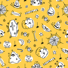 Fototapeta premium Halloween seamless pattern in hand drawn doodle style. Vector stock illustration