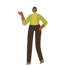 Young woman smiling and waving hand saying hi. Modern female character in casual clothes says hello. Cartoon flat vector illustration isolated on white background.