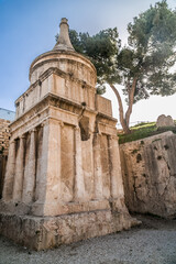 Naklejka premium The pillar of Absalom (Yad Avshalom), grand monument in the upper Kidron valley (Yehoshafat). On the foothills of Mount of Olives, and facing the temple mount. Near of the Old City of Jerusalem Israel