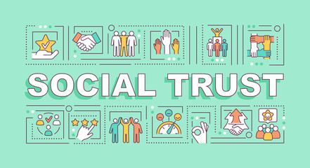 Fototapeta premium Social trust word concepts banner. Community relationship. Infographics with linear icons on mint background. Isolated creative typography. Vector outline color illustration with text