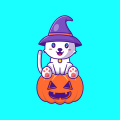 Cute witch cat in pumpkin happy halloween cartoon illustrations