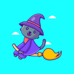 Cute witch cat flying with broom happy halloween cartoon illustrations