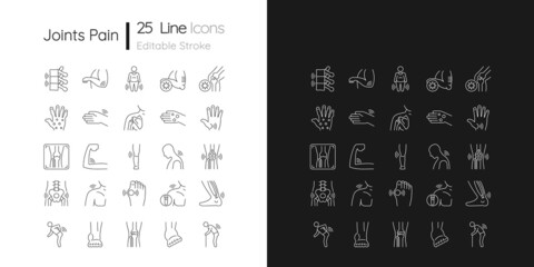 Joints pain linear icons set for dark and light mode. Rheumatism. Arthritis development. Muscles inflammation. Customizable thin line symbols. Isolated vector outline illustrations. Editable stroke