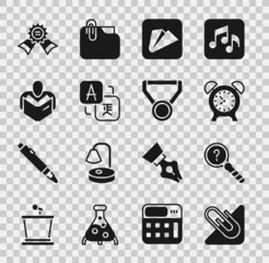 Set Paper clip, Unknown search, Alarm clock, airplane, Translator, Man reading book, Medal and icon. Vector