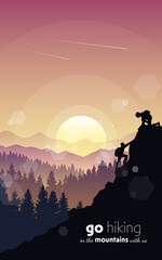Fototapeta premium Man and woman climbing mountain. Teamwork. Travel concept of discovering, exploring, observing nature. Hiking tourism. Adventure. Minimalist graphic flyer. Polygonal flat design. Vector illustration