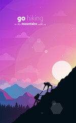 Fototapeta premium Climb to the top of the mountain. Helping hand. Travel concept of discovering, exploring, observing nature. Hiking tourism. Adventure. Minimalist graphic flyer. Polygonal flat design. Vector