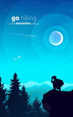 Man watching binoculars on mountains peak. Travel concept of discovering, exploring, observing nature. Hiking tourism. Adventure. Minimalist graphic flyer. Polygonal flat design. Vector illustration