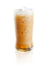 Iced coffee in glass on white background
