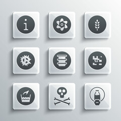 Set Bones and skull warning, Lactose free, QR code, Bowl, Hand wash laundry, Bomb explosion, Information and Wheat icon. Vector