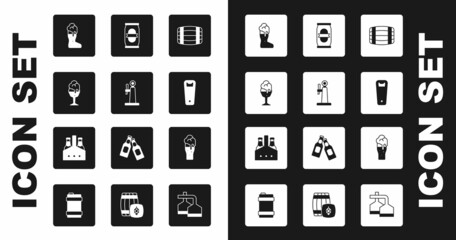 Set Wooden barrel, Beer tap, Glass of beer, Boot glass, Bottle opener, can, and Pack bottles icon. Vector