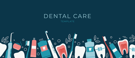 Dental care horizontal banner with flat icons along the bottom on a dark background. Healthy clean teeth. Template concept for posters, prints, cards. Vector illustration.