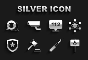 Set Judge gavel, Hexagram sheriff, Protest, Telescopic baton, Police badge, Telephone call 112, and Security camera icon. Vector