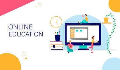 Remote training. The landing page template. A group of students is trained online. illustration. © Uliana Rom