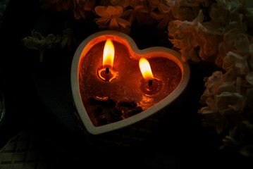Candle making, hobby.
A lovely heart-shaped candle with a double wick burns at night. 