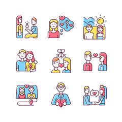 Romantic relationship RGB color icons set. Young family life tips. Development of healthy relations. Couples in love. Isolated vector illustrations. Simple filled line drawings collection