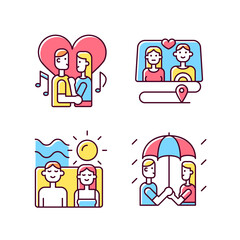 Couple quality time RGB color icons set. Spending free time together as family. Romantic dates ideas. Weekend with partner tips. Isolated vector illustrations. Simple filled line drawings collection