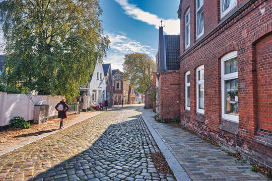Old streets in Husum wadden sea city, Germany