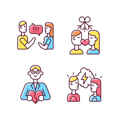 Fighting in relationship RGB color icons set. Couple criticizing each other. Healthy relation. Family and couples consultant. Isolated vector illustrations. Simple filled line drawings collection