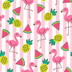 Hand drawn flamingo, pineapple and watermelon seamless pattern on stripes background © NTRdesign