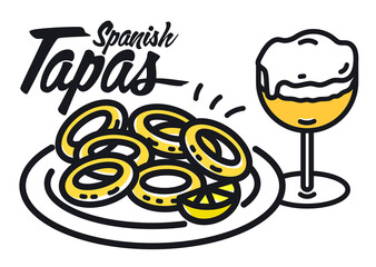 Typical Spanish aperitif symbol illustration. Drawing of fried squid plate sign and beer glass.