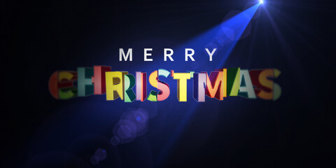 Abstract background colorful 3d text on dark in spot. Merry Christmas for invitation and greeting card and banner.