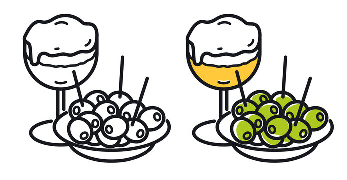 Illustration of typical Spanish appetizer, olives and glass of beer.