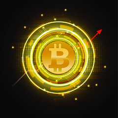 The red arrow shows business growth. golden bitcoin on circuit yellow gold dark background. vector illustration