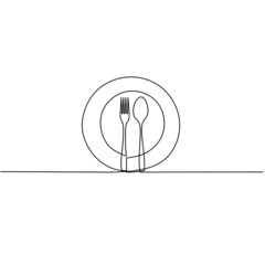 Continuous line drawing of plate with spoon and fork, object one line, single line art, hand drawn, vector illustration