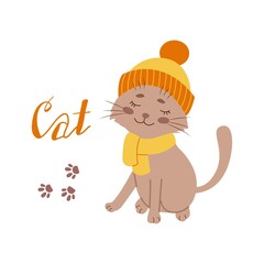 Cute cat in a winter hat. Vector illustration of cartoon flat.